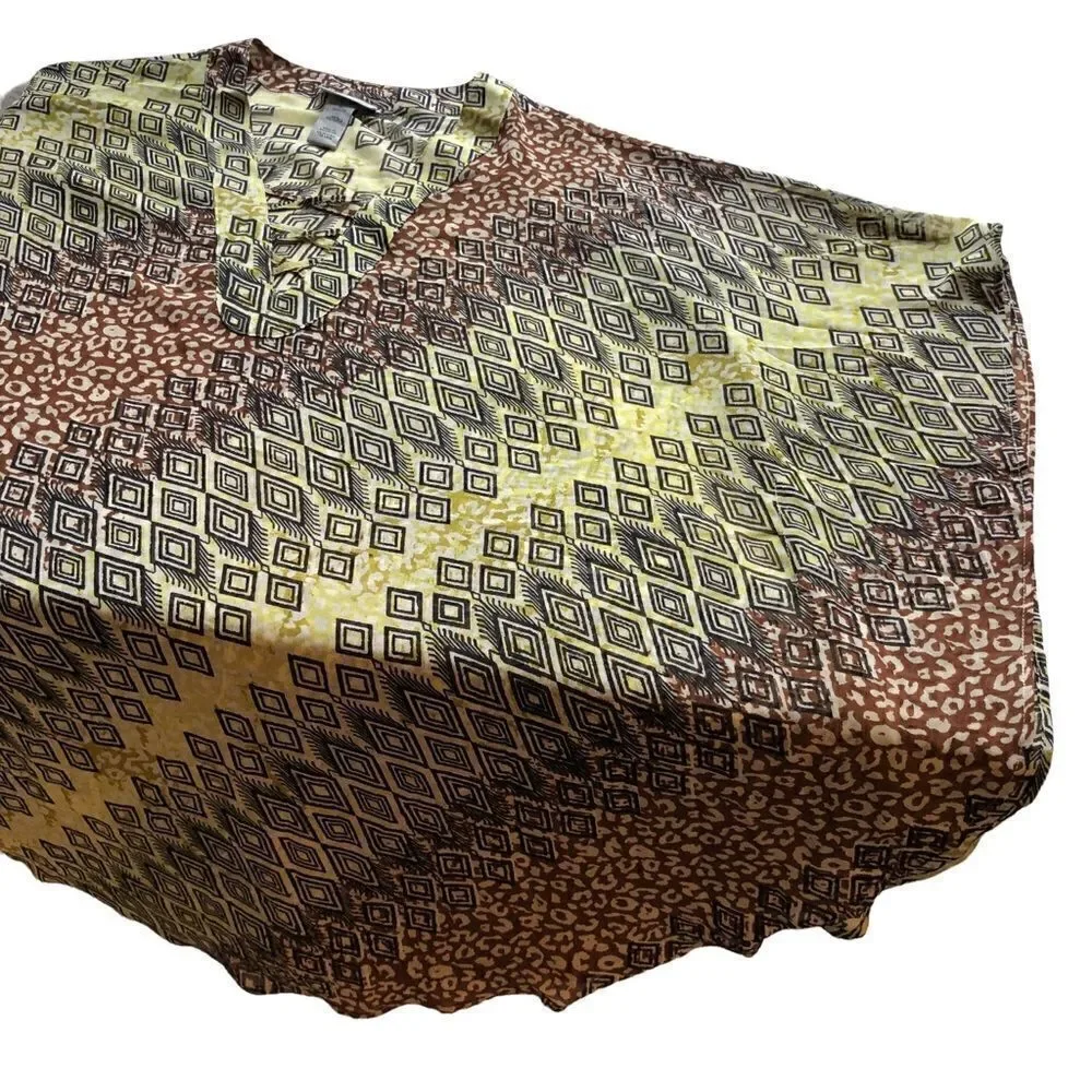 Catherines Tunic Blouse light weight, black yellow and brown print v-neck 1X